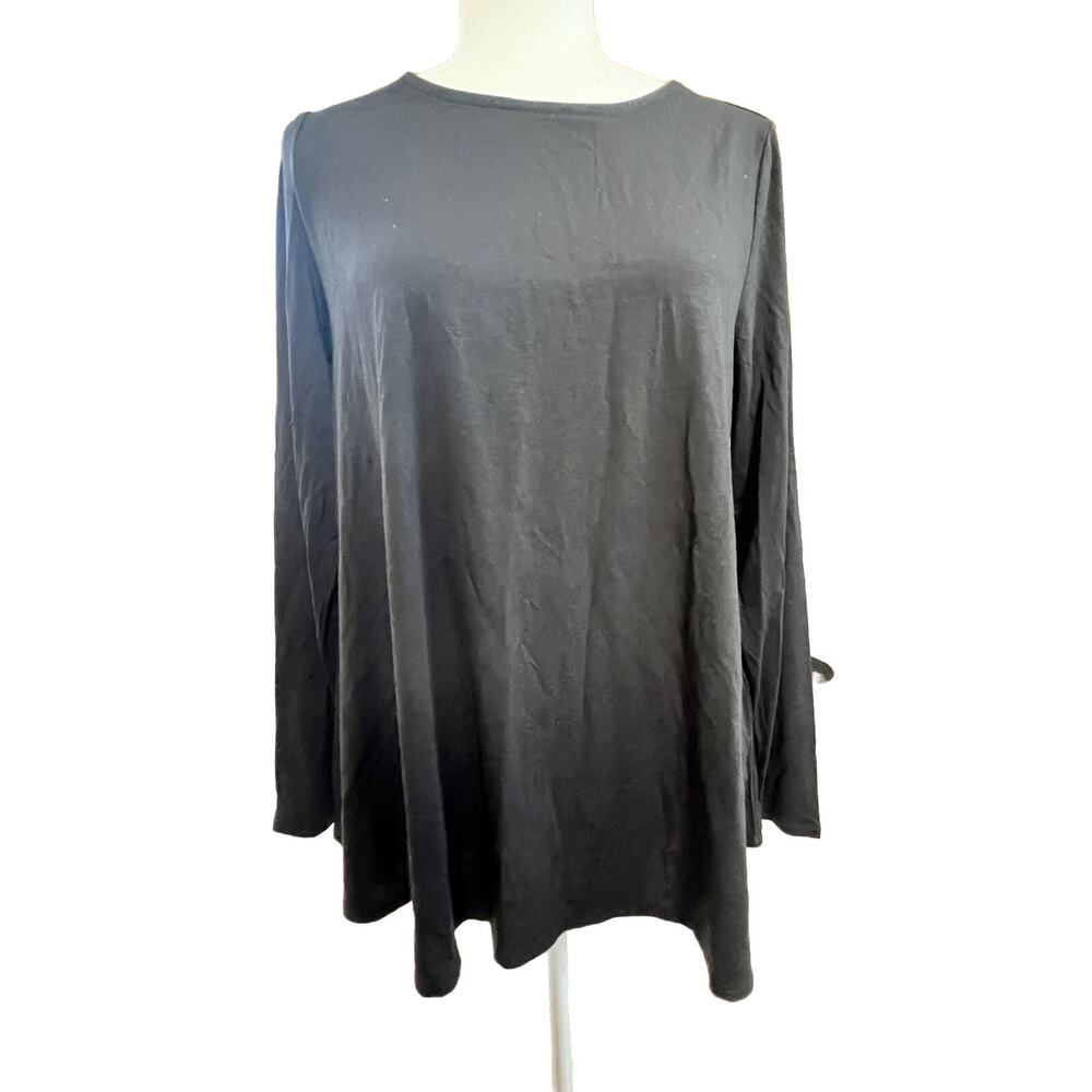 EILEEN FISHER Fine Tencel Jersey Jewel Neck A Line Top Black Womens Sz Small